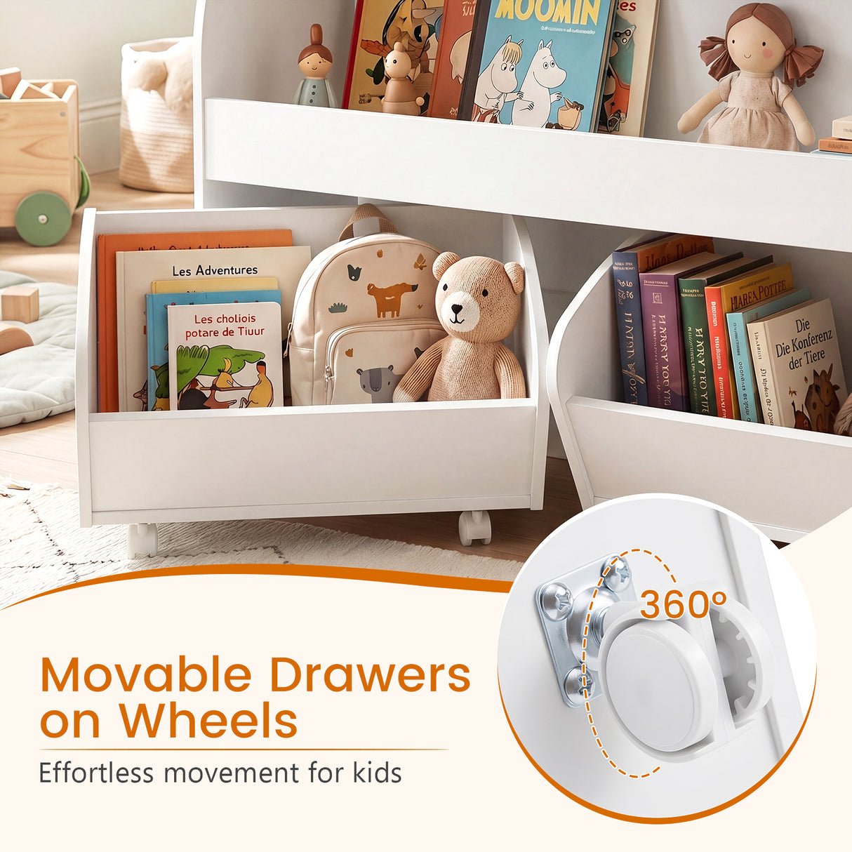 Kids Toy Storage Organizer, Toddler Wooden Montessori Toy Storage Shelf with 2 Rolling Drawers