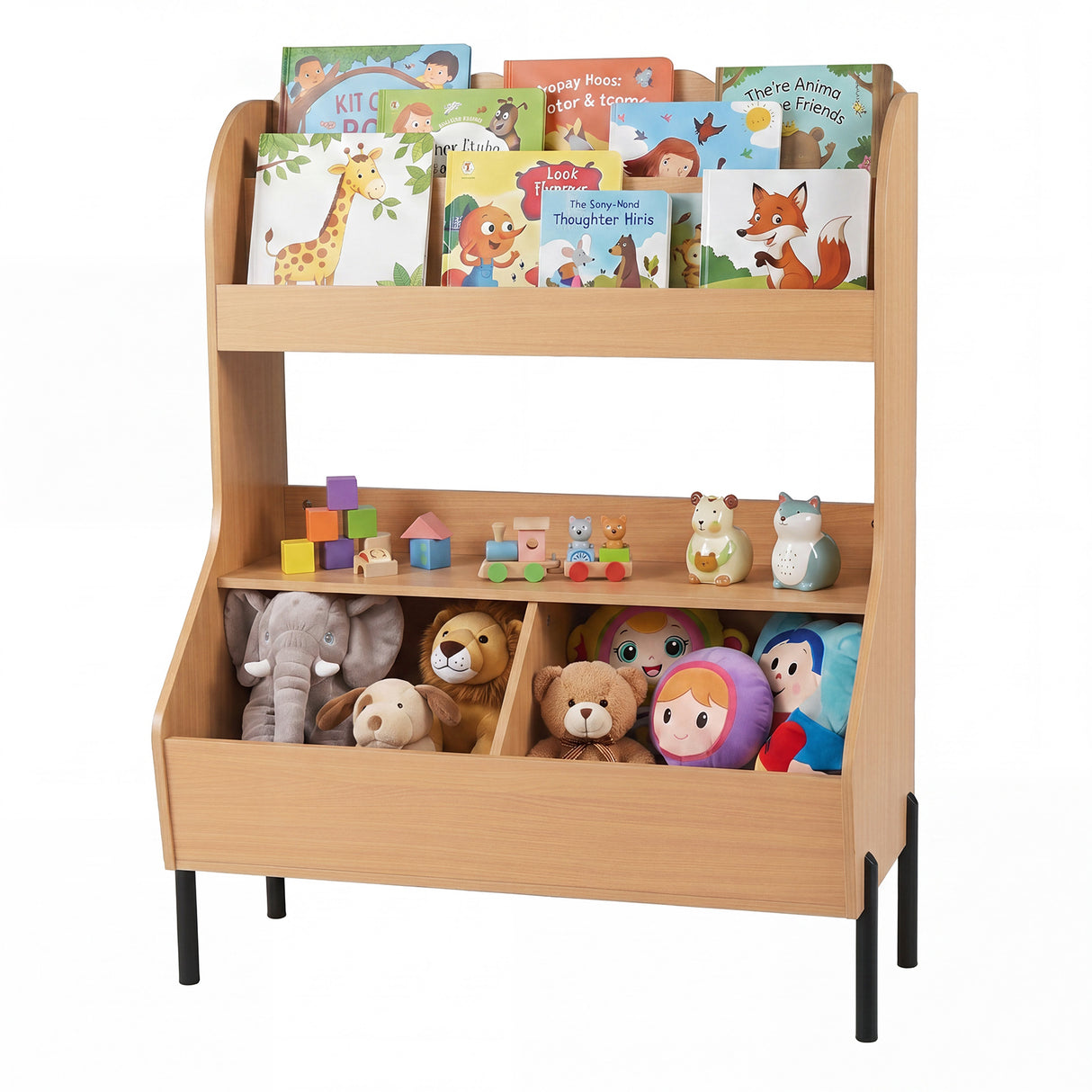 Kids Toy Storage Organizer, Wooden Montessori Bookshelf with 2 Storage Bins and Open Shelf
