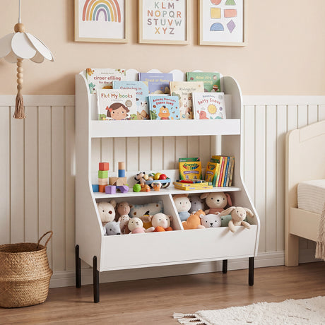 Kids Toy Storage Organizer, Wooden Montessori Bookshelf with 2 Storage Bins and Open Shelf