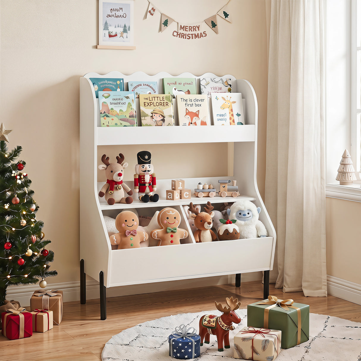 Kids Toy Storage Organizer, Wooden Montessori Bookshelf with 2 Storage Bins and Open Shelf
