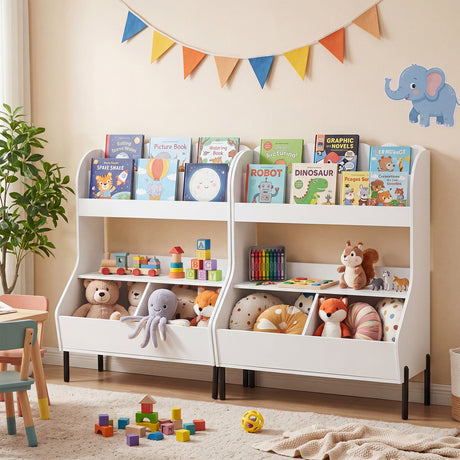 Kids Toy Storage Organizer, Wooden Montessori Bookshelf with 2 Storage Bins and Open Shelf