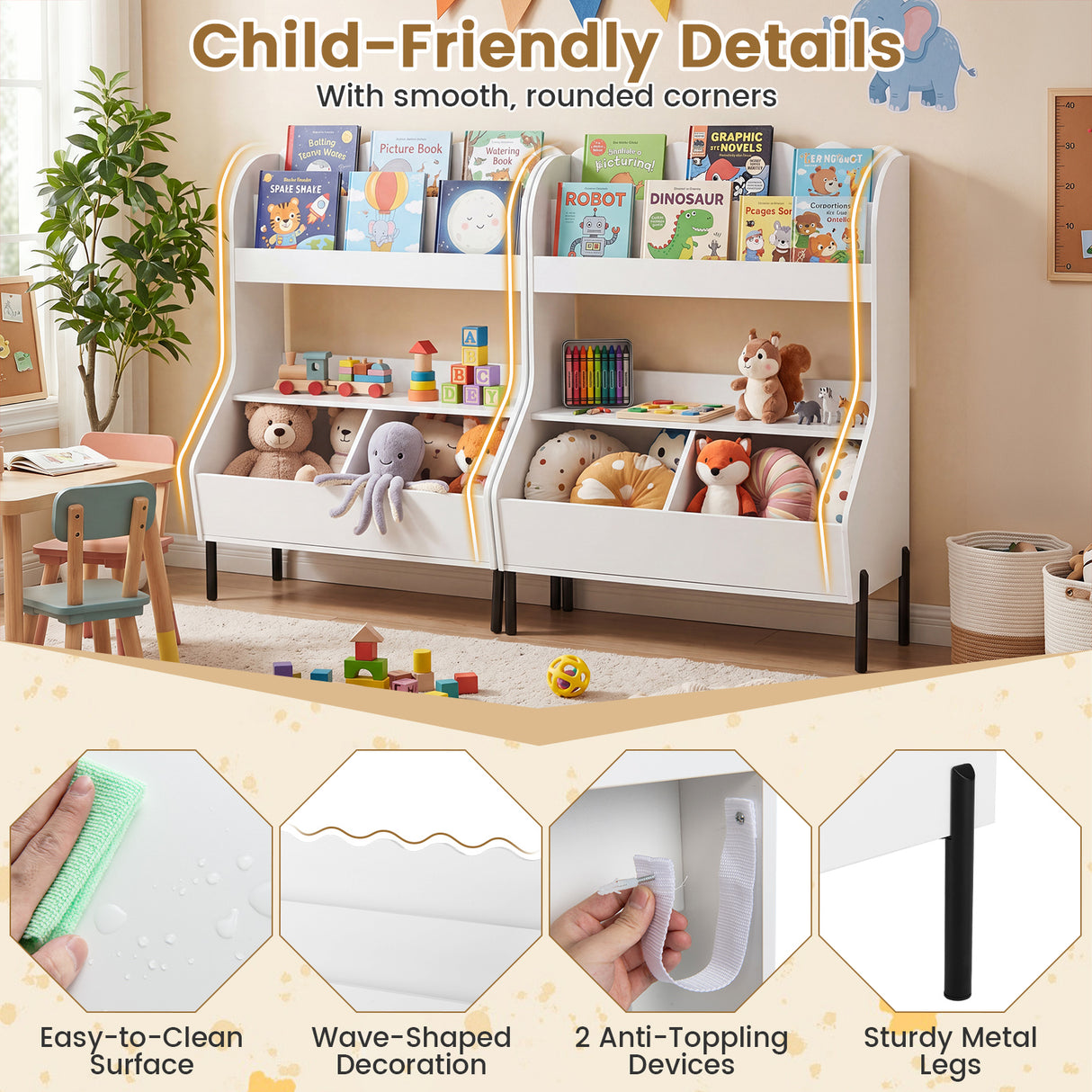 Kids Toy Storage Organizer, Wooden Montessori Bookshelf with 2 Storage Bins and Open Shelf