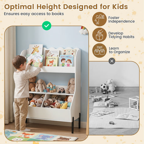 Kids Toy Storage Organizer, Wooden Montessori Bookshelf with 2 Storage Bins and Open Shelf