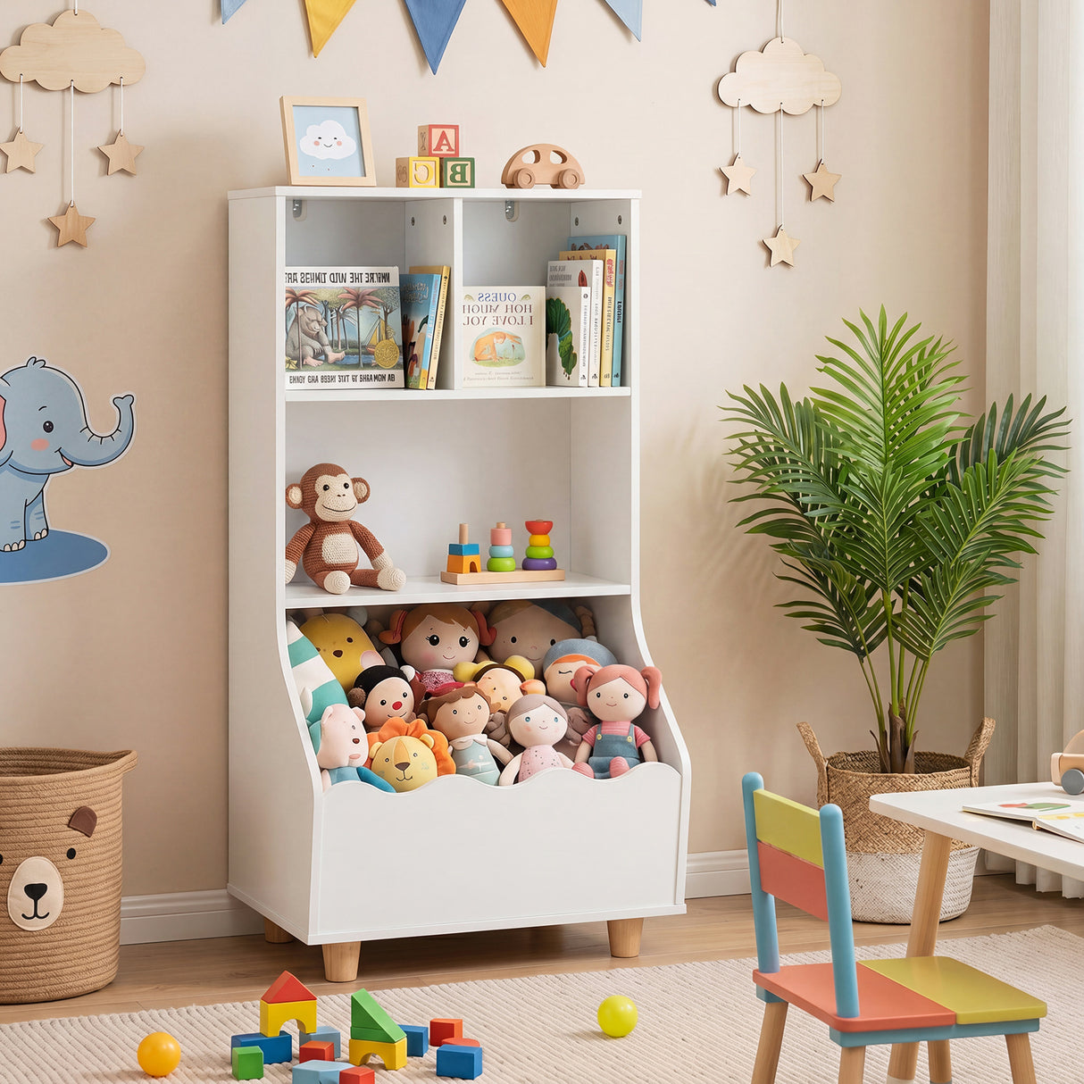 Kids Toy Storage Organizer, 3-Tier Wooden Bookshelf with 2 Anti-Toppling Devices, Top Surface