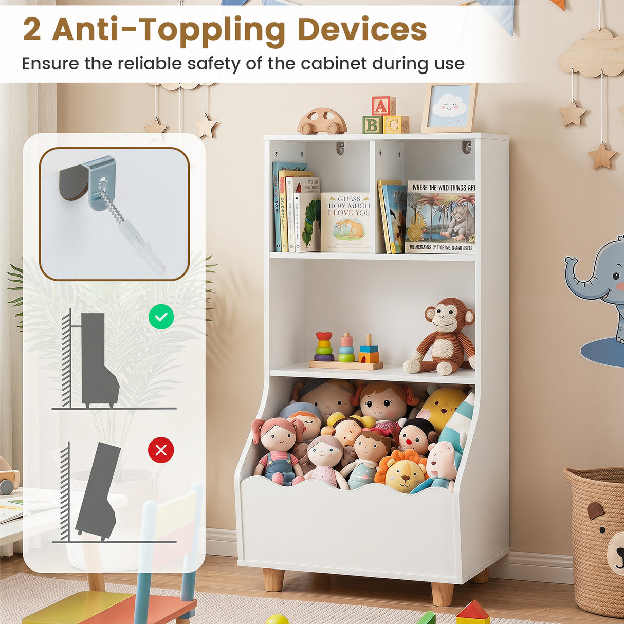 Kids Toy Storage Organizer, 3-Tier Wooden Bookshelf with 2 Anti-Toppling Devices, Top Surface