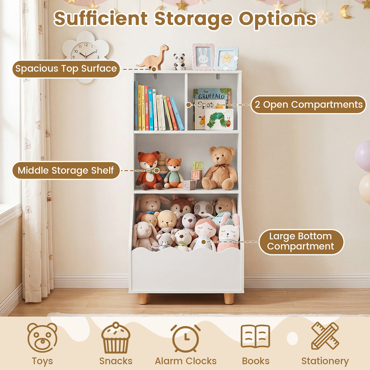 Kids Toy Storage Organizer, 3-Tier Wooden Bookshelf with 2 Anti-Toppling Devices, Top Surface
