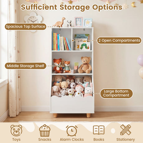 Kids Toy Storage Organizer, 3-Tier Wooden Bookshelf with 2 Anti-Toppling Devices, Top Surface