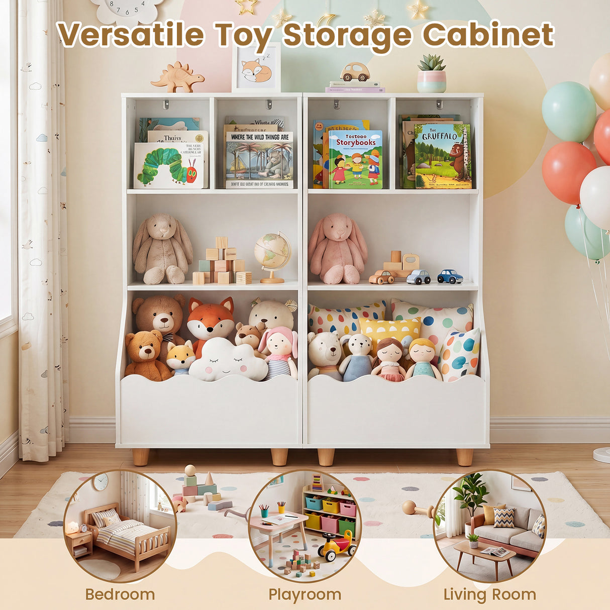 Kids Toy Storage Organizer, 3-Tier Wooden Bookshelf with 2 Anti-Toppling Devices, Top Surface