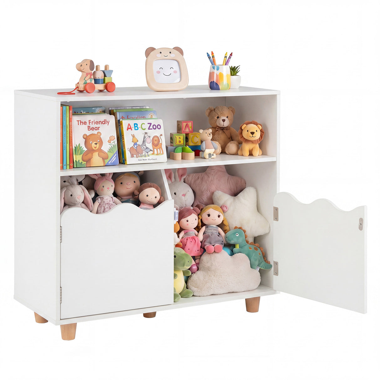Kids Toy Storage Organizer, Wooden Bookshelf with 2 Anti-Toppling Devices, Top Surface
