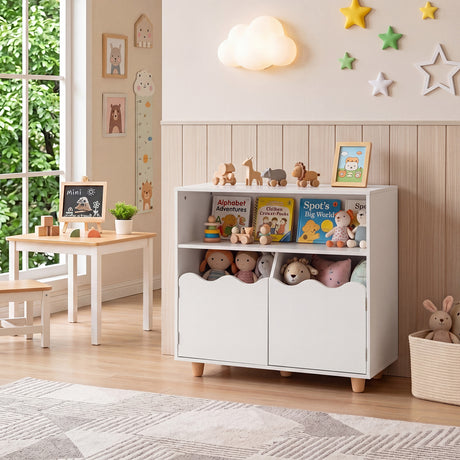 Kids Toy Storage Organizer, Wooden Bookshelf with 2 Anti-Toppling Devices, Top Surface