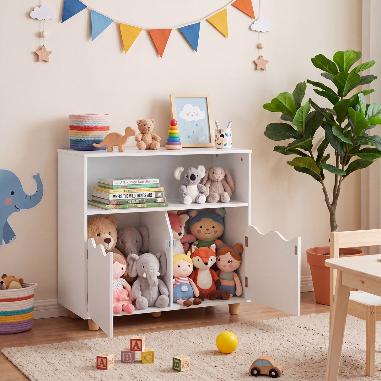 Kids Toy Storage Organizer, Wooden Bookshelf with 2 Anti-Toppling Devices, Top Surface