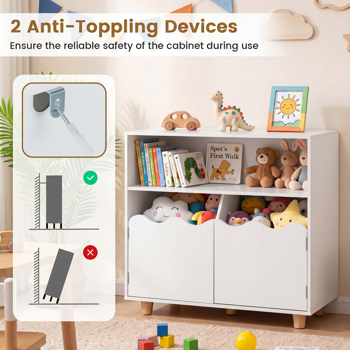 Kids Toy Storage Organizer, Wooden Bookshelf with 2 Anti-Toppling Devices, Top Surface