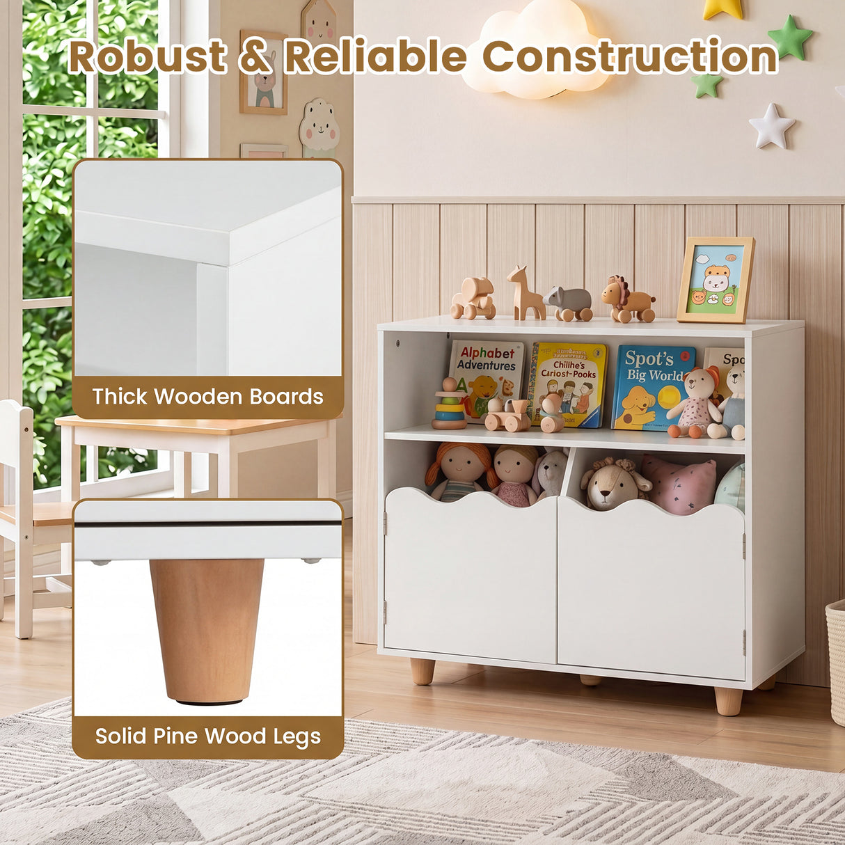 Kids Toy Storage Organizer, Wooden Bookshelf with 2 Anti-Toppling Devices, Top Surface
