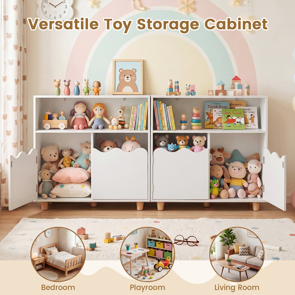 Kids Toy Storage Organizer, Wooden Bookshelf with 2 Anti-Toppling Devices, Top Surface
