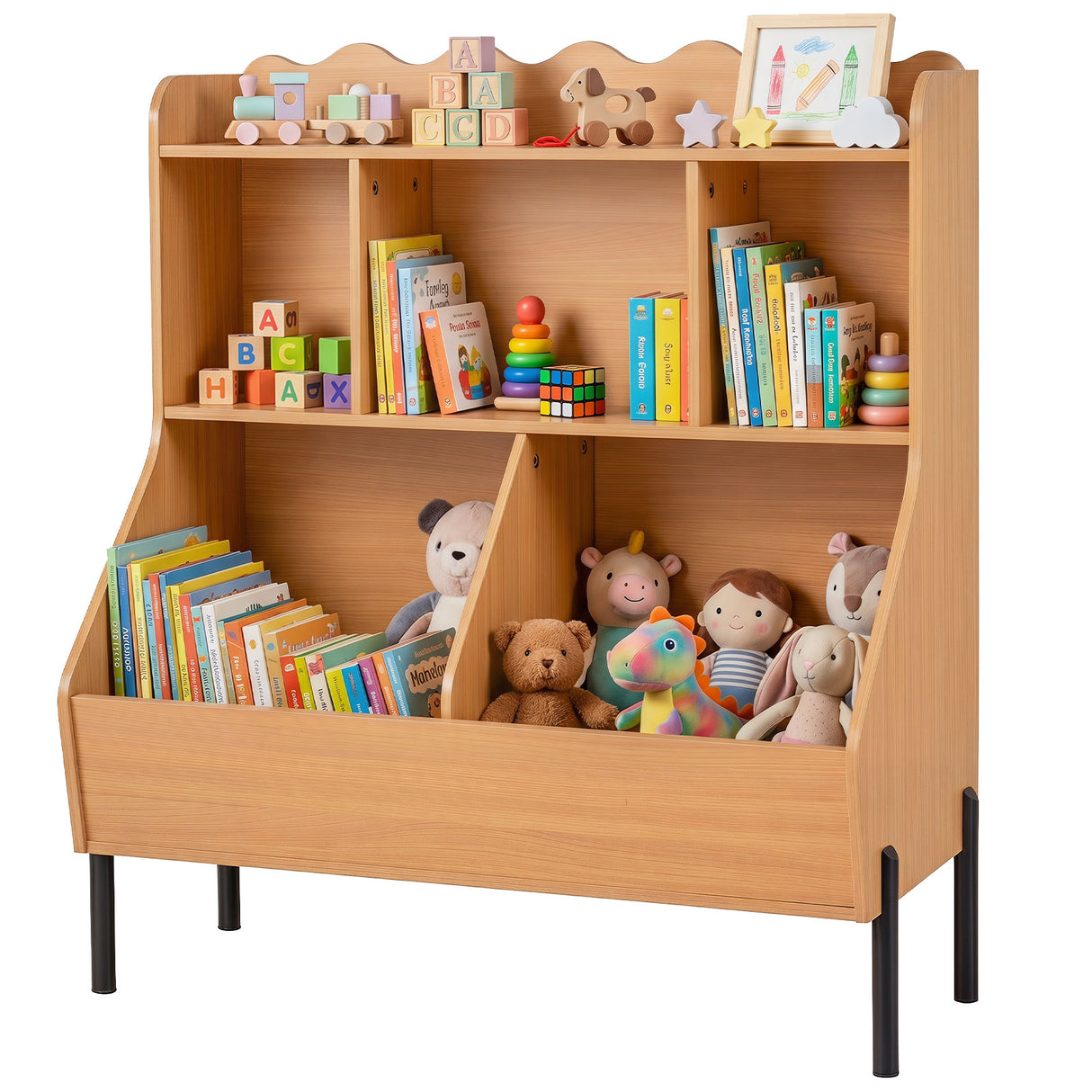 Kids Toy Storage Organizer, Wooden Montessori Bookshelf with 5 Storage Cubes, Toddler Storage Cabinet