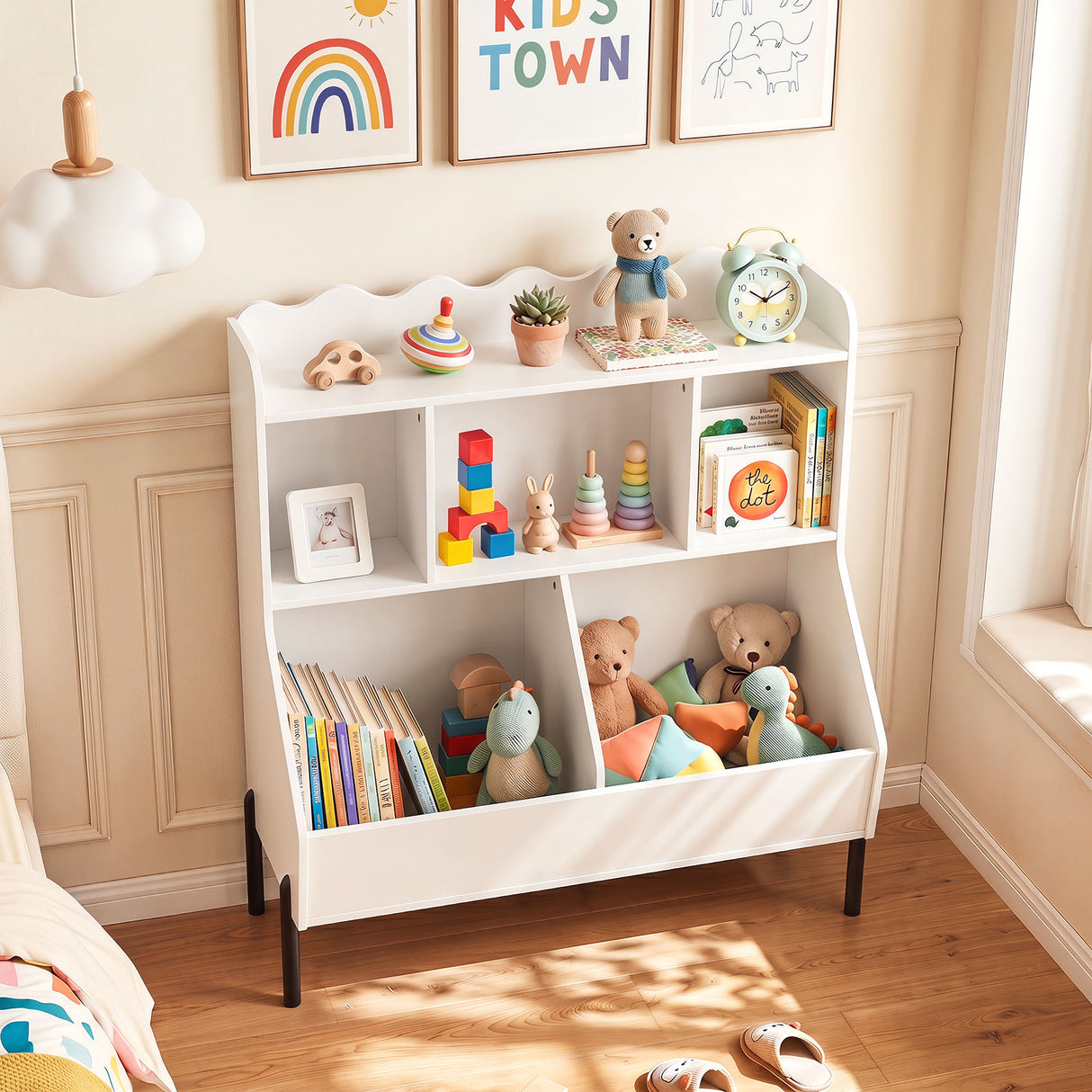 Kids Toy Storage Organizer, Wooden Montessori Bookshelf with 5 Storage Cubes, Toddler Storage Cabinet