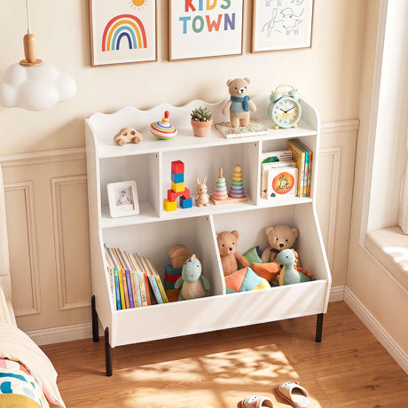 Kids Toy Storage Organizer, Wooden Montessori Bookshelf with 5 Storage Cubes, Toddler Storage Cabinet