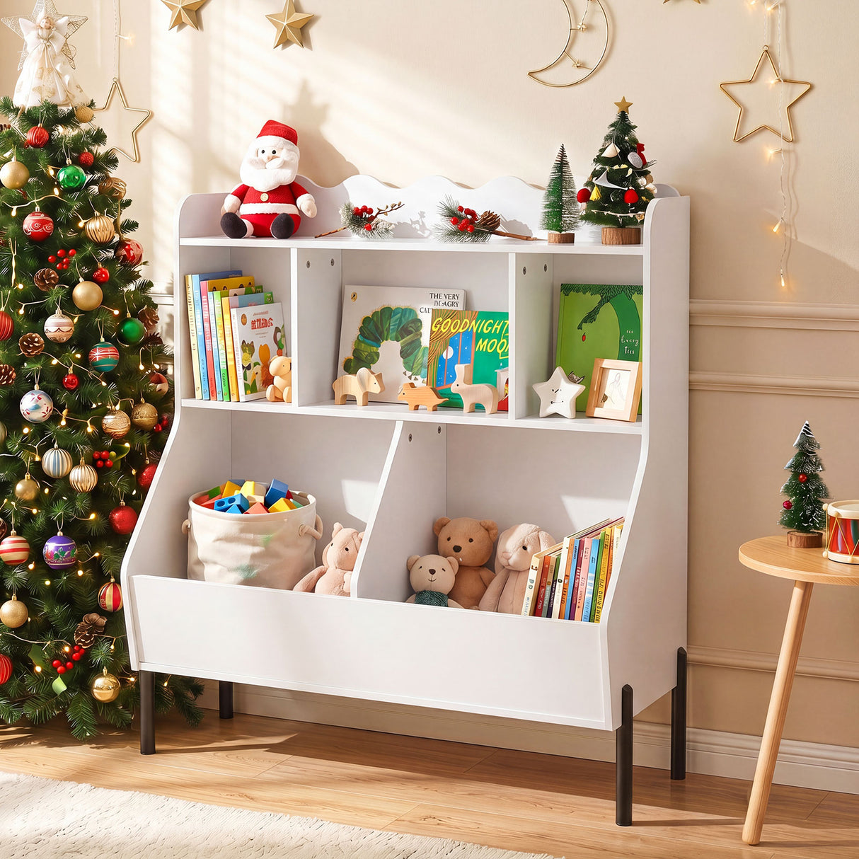 Kids Toy Storage Organizer, Wooden Montessori Bookshelf with 5 Storage Cubes, Toddler Storage Cabinet