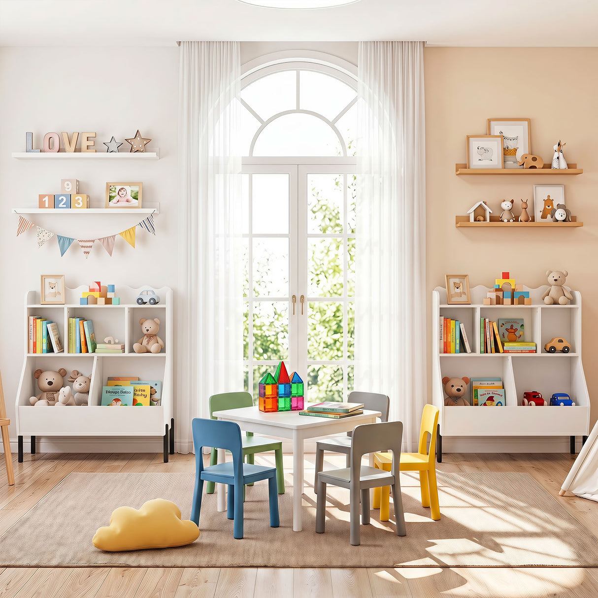 Kids Toy Storage Organizer, Wooden Montessori Bookshelf with 5 Storage Cubes, Toddler Storage Cabinet