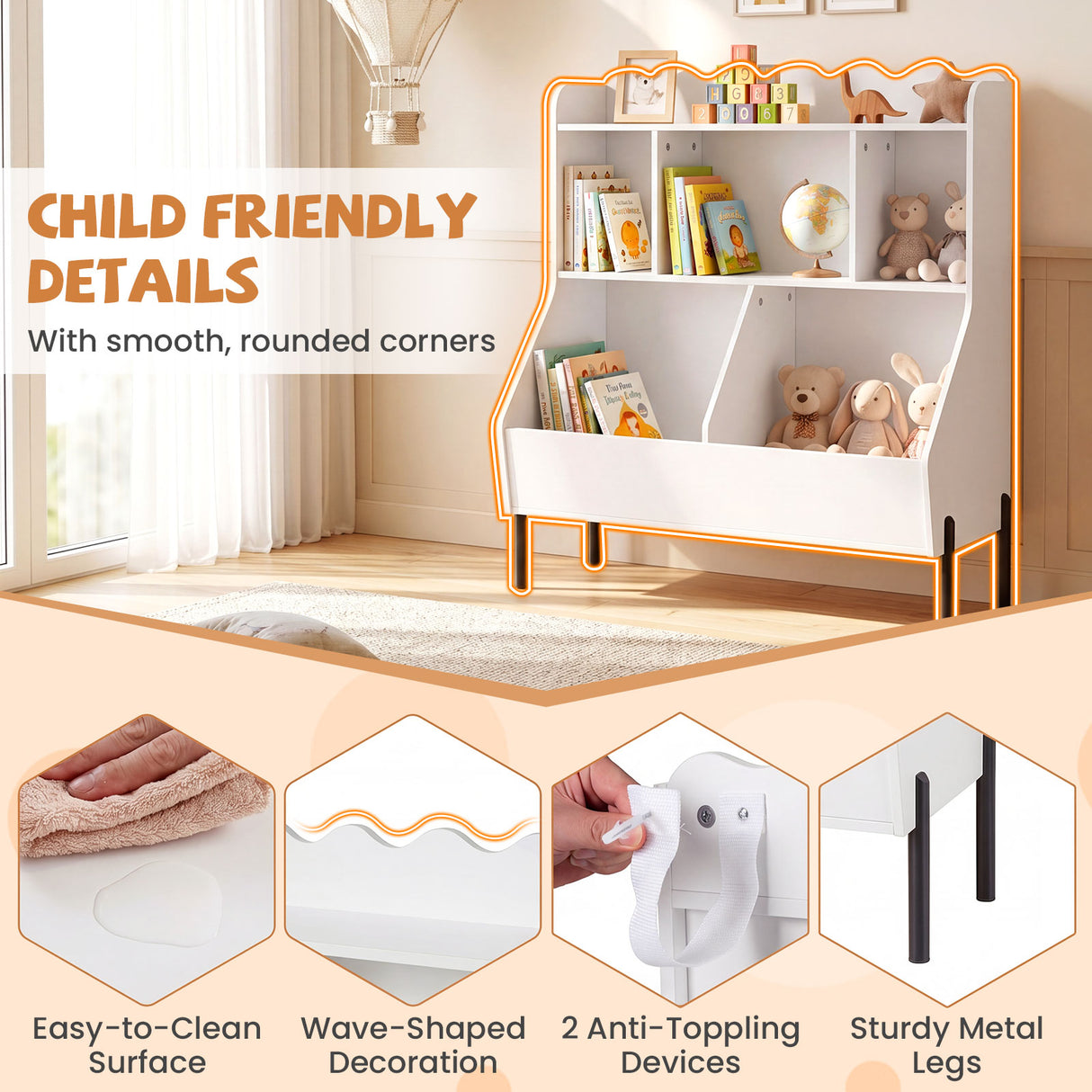 Kids Toy Storage Organizer, Wooden Montessori Bookshelf with 5 Storage Cubes, Toddler Storage Cabinet
