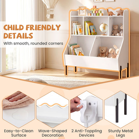 Kids Toy Storage Organizer, Wooden Montessori Bookshelf with 5 Storage Cubes, Toddler Storage Cabinet