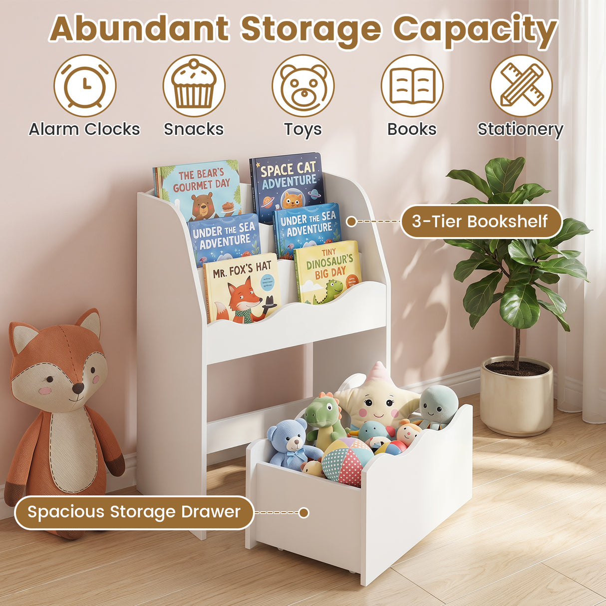 Kids Bookshelf and Toy Storage Organizer, 3-Tier Wooden Kids Book Shelf
