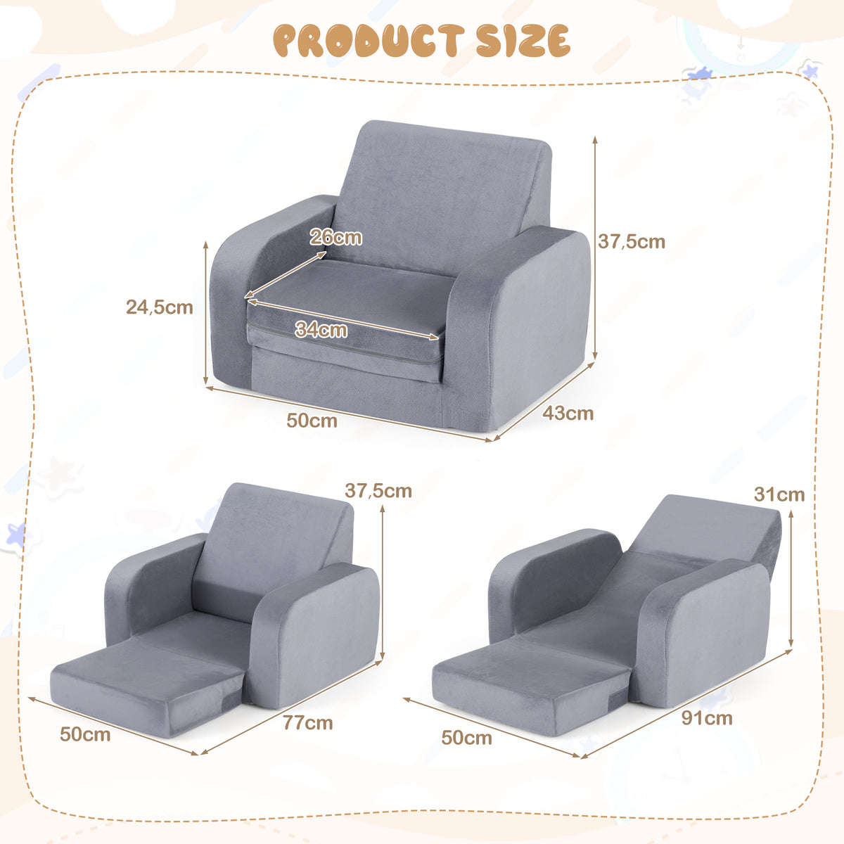 Fold Out Toddler Couch, 3-in-1 Convertible Kids Sofa Bed w/Crystal Velvet