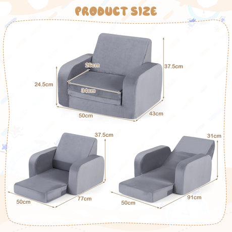 Fold Out Toddler Couch, 3-in-1 Convertible Kids Sofa Bed w/Crystal Velvet