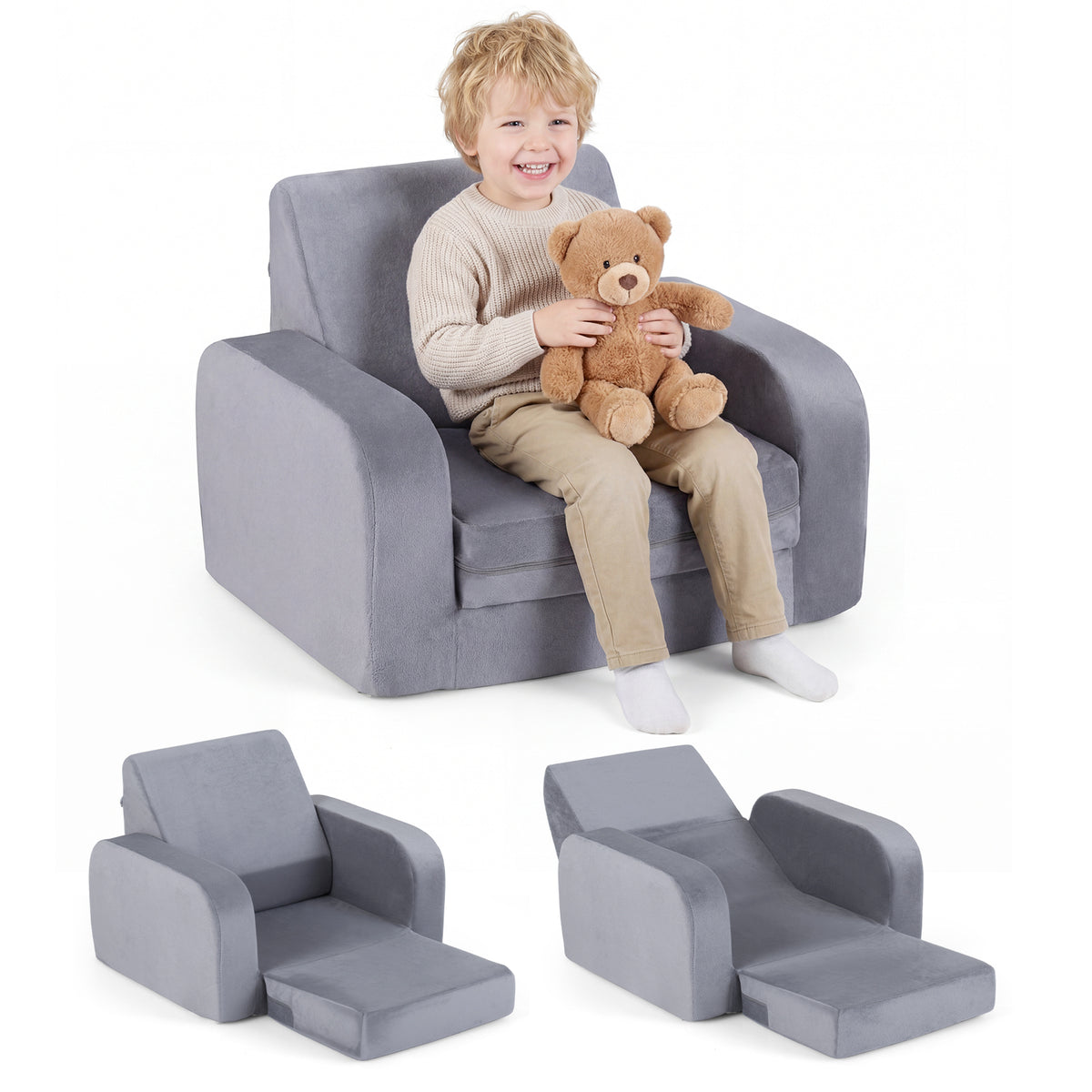 Fold Out Toddler Couch, 3-in-1 Convertible Kids Sofa Bed w/Crystal Velvet