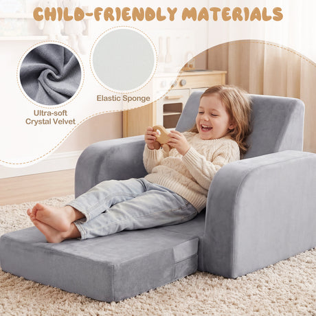 Fold Out Toddler Couch, 3-in-1 Convertible Kids Sofa Bed w/Crystal Velvet