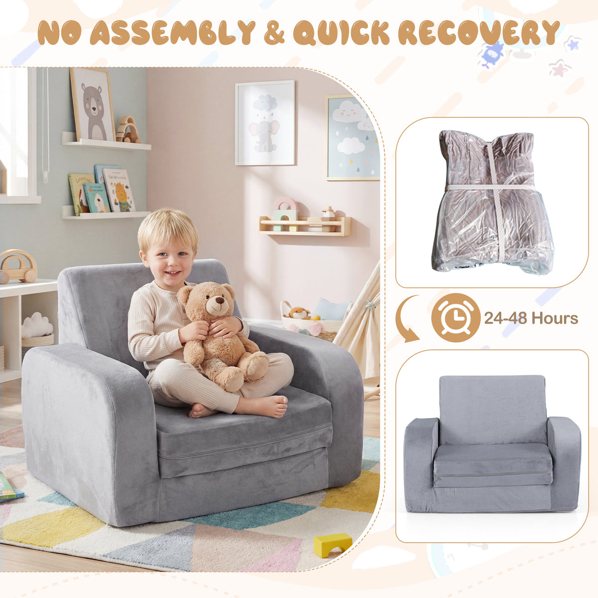Fold Out Toddler Couch, 3-in-1 Convertible Kids Sofa Bed w/Crystal Velvet