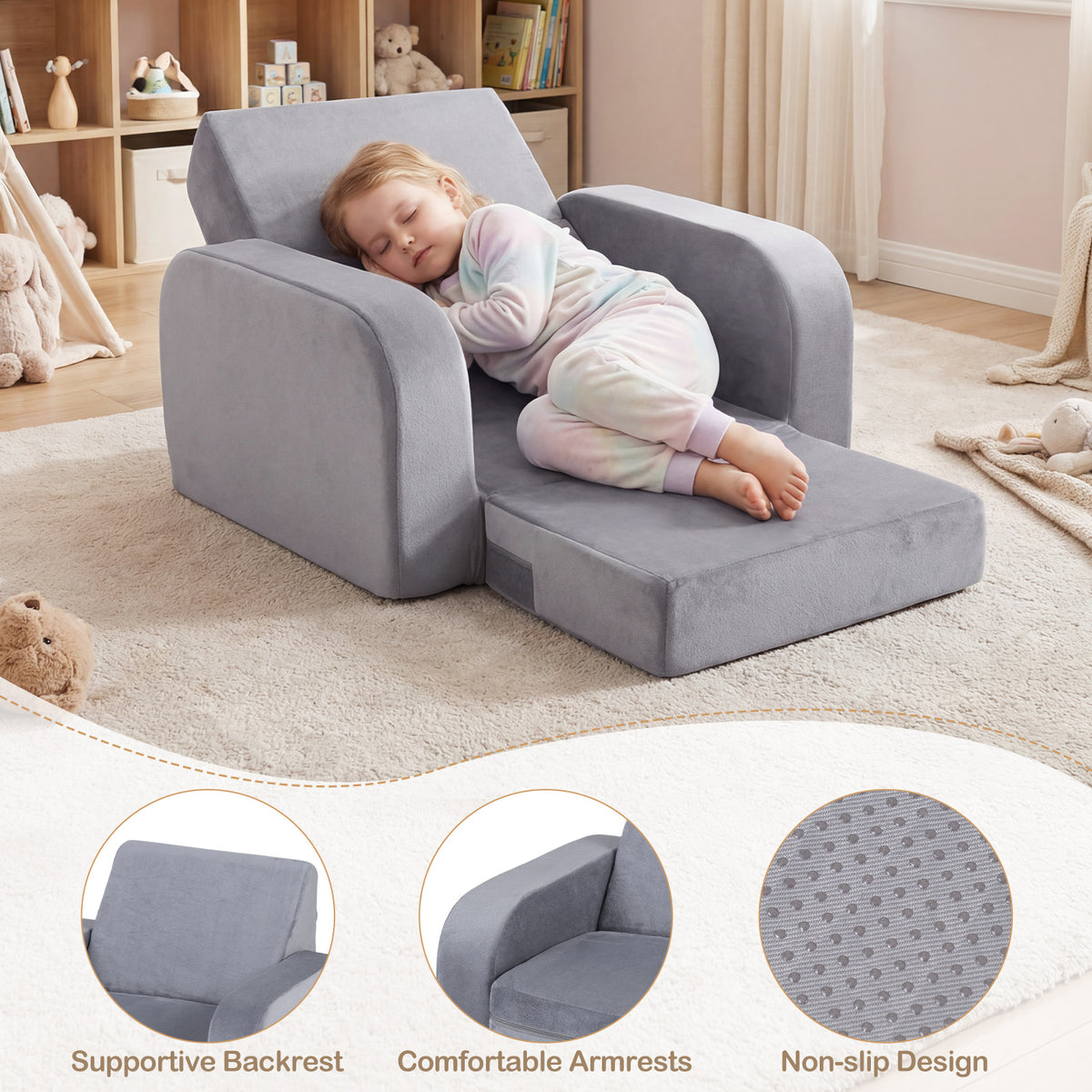Fold Out Toddler Couch, 3-in-1 Convertible Kids Sofa Bed w/Crystal Velvet