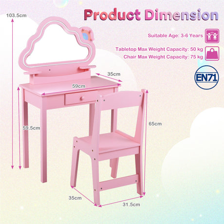 Kids Vanity Set with Lighted Cloud Mirror and Stool for Girls