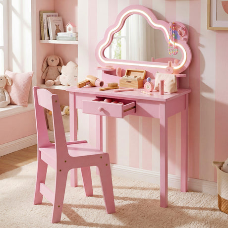 Kids Vanity Set with Lighted Cloud Mirror and Stool for Girls