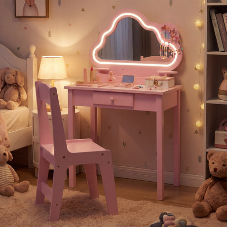 Kids Vanity Set with Lighted Cloud Mirror and Stool for Girls