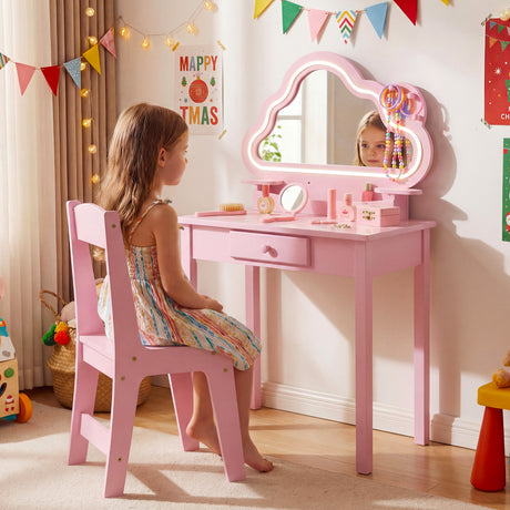 Kids Vanity Set with Lighted Cloud Mirror and Stool for Girls