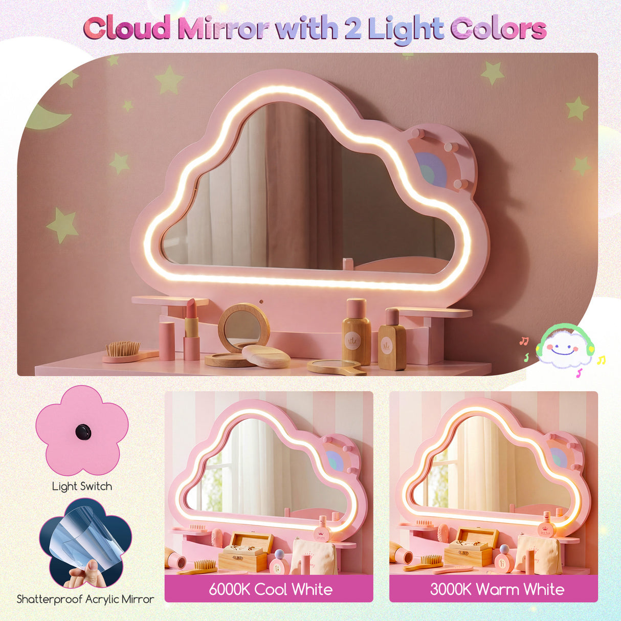 Kids Vanity Set with Lighted Cloud Mirror and Stool for Girls