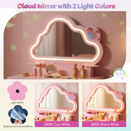 Kids Vanity Set with Lighted Cloud Mirror and Stool for Girls