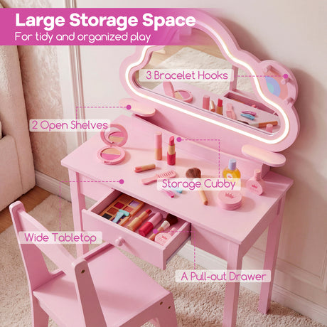 Kids Vanity Set with Lighted Cloud Mirror and Stool for Girls