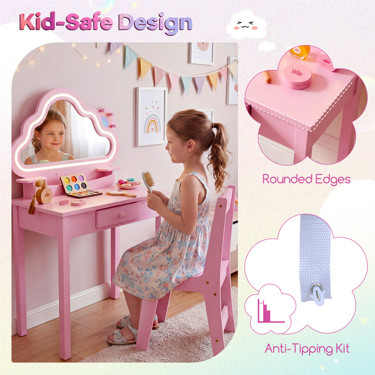 Kids Vanity Set with Lighted Cloud Mirror and Stool for Girls