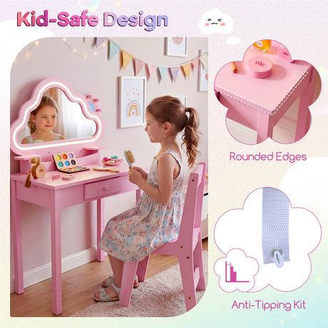 Kids Vanity Set with Lighted Cloud Mirror and Stool for Girls