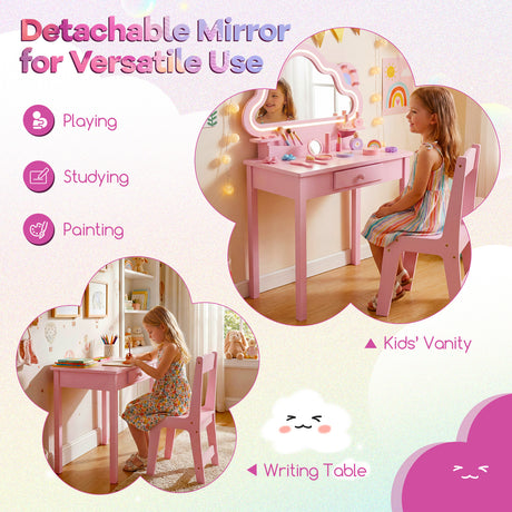 Kids Vanity Set with Lighted Cloud Mirror and Stool for Girls