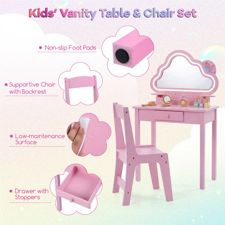 Kids Vanity Set with Lighted Cloud Mirror and Stool for Girls