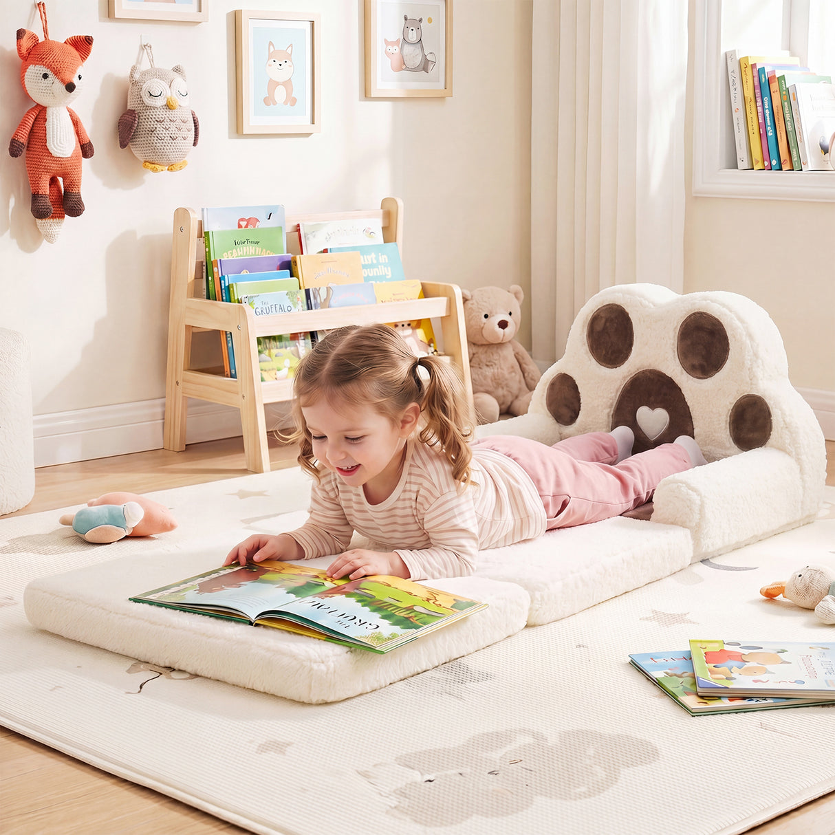 2-in-1 Convertible Kids Sofa to Lounger with Removable Cover, Bunny/Bear's Paw/Christmas Patterns