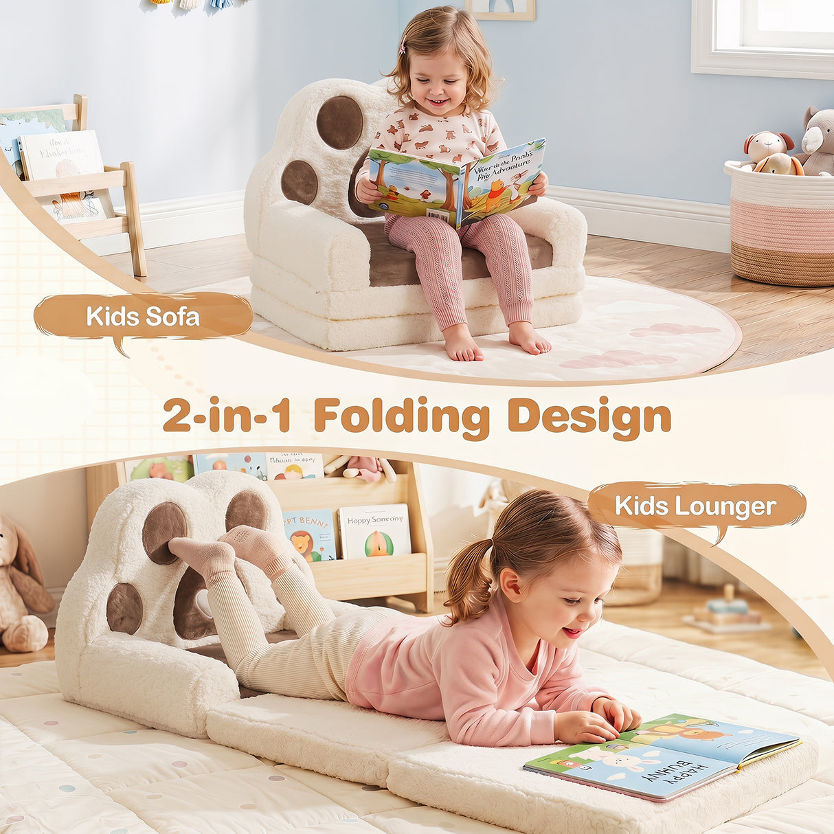 2-in-1 Convertible Kids Sofa to Lounger with Removable Cover, Bunny/Bear's Paw/Christmas Patterns