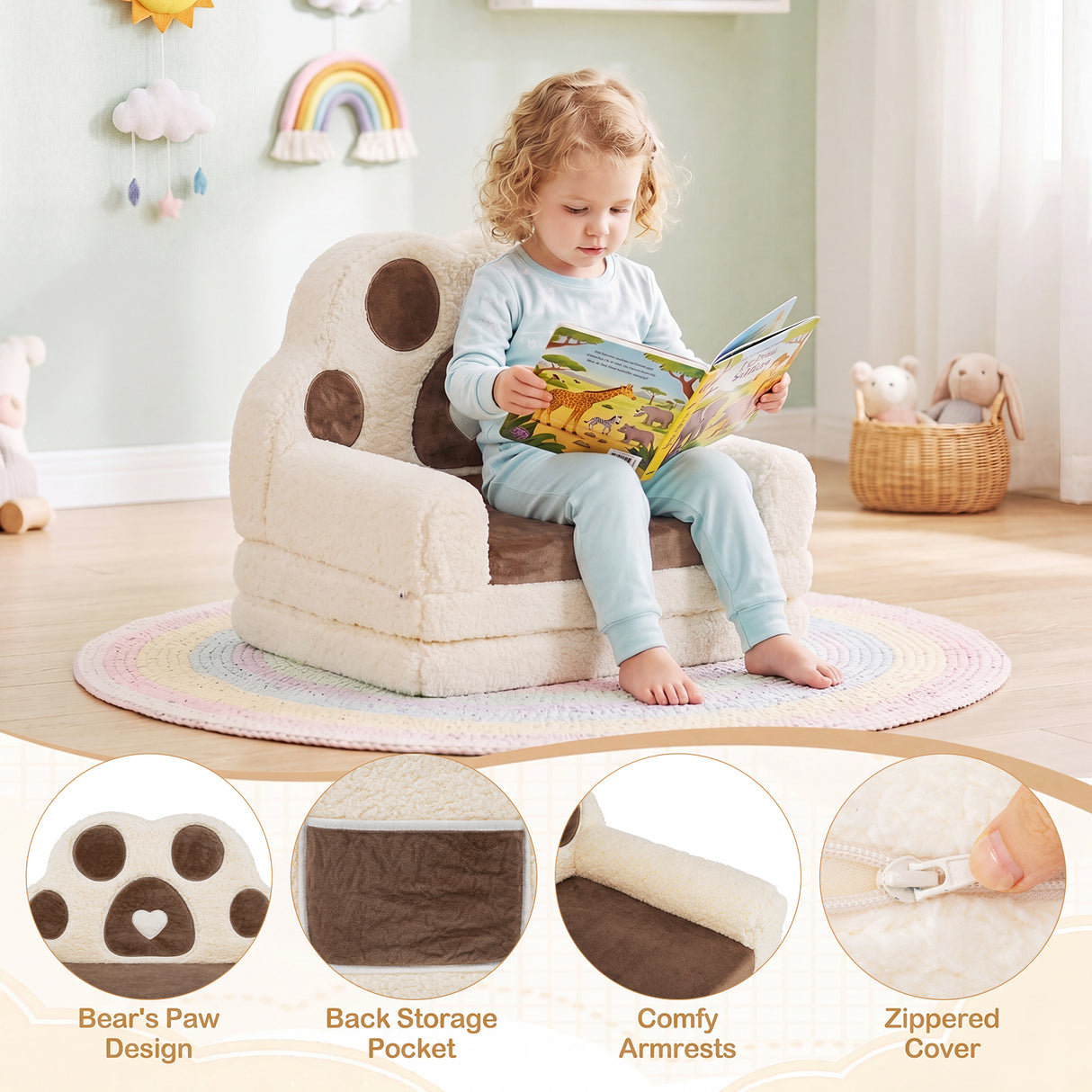 2-in-1 Convertible Kids Sofa to Lounger with Removable Cover, Bunny/Bear's Paw/Christmas Patterns