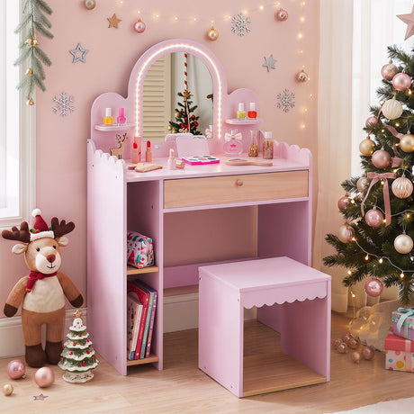 Kids Vanity with Lights, Pretend Makeup Dressing Table Set