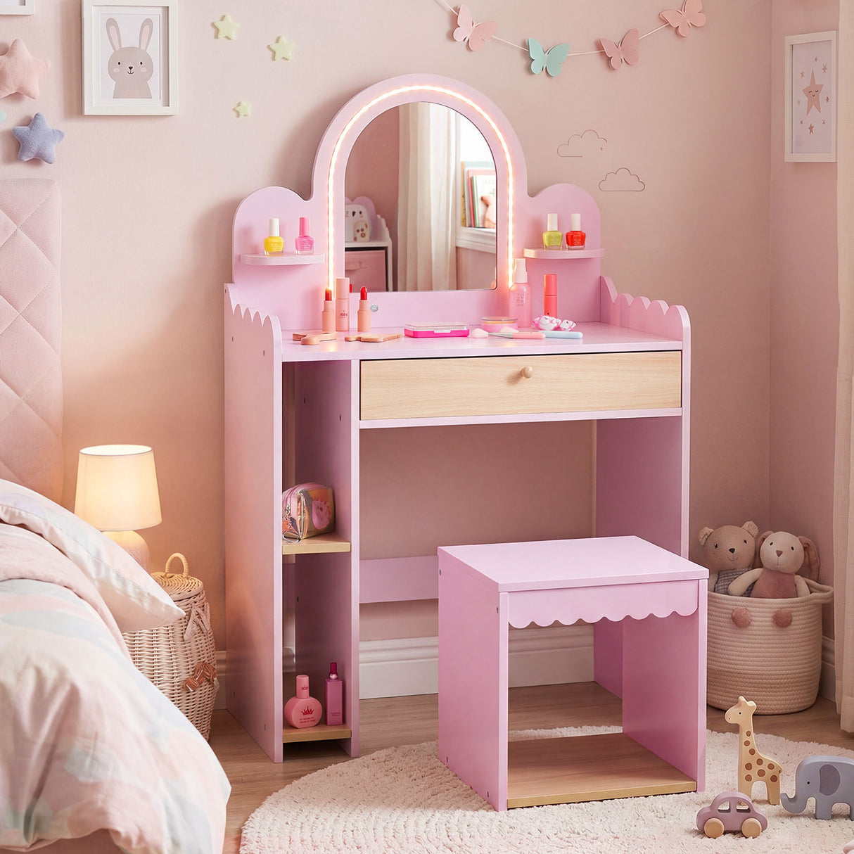 Kids Vanity with Lights, Pretend Makeup Dressing Table Set