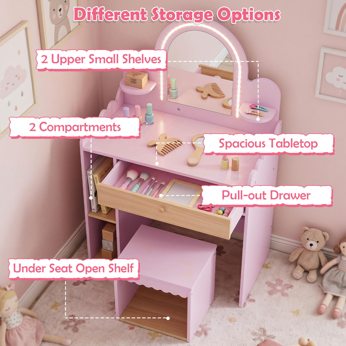 Kids Vanity with Lights, Pretend Makeup Dressing Table Set