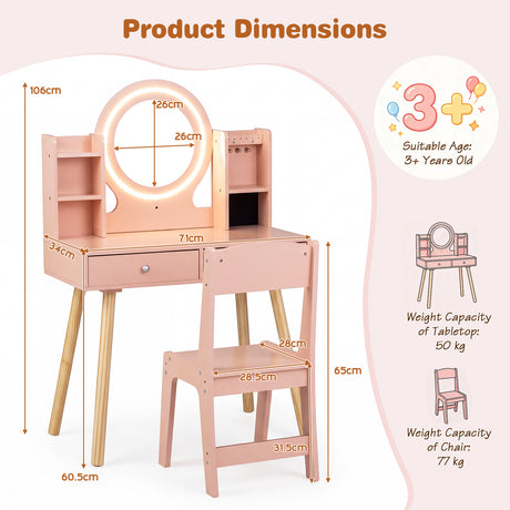 Kids Vanity Set with Lights, Princess Vanity Desk Set with LED Lighted Mirror